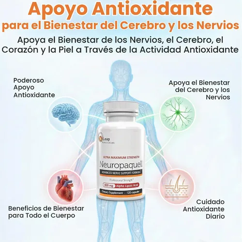 Vista 3 de Alivio del dolor de neuropatía, refuerzo clínico Fórmula avanzada de soporte a los nervios 120 cápsulas.