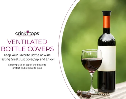 Vista 3 de Drink Tops - Fundas para botellas ventiladas, paquete de 2, color negro y blanco, fundas de silicona sin BPA para proteger el vino de elementos al