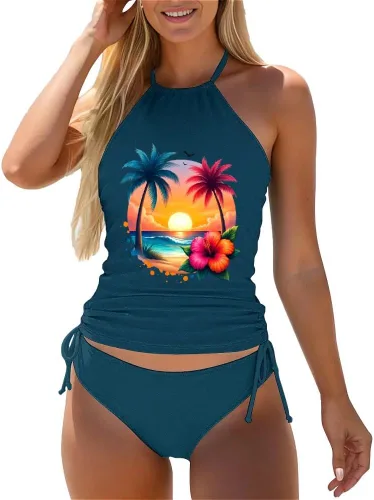 Vista 38 de Omichic Trajes de baño tankini para mujer, de dos piezas, blusa tipo tankini modesta con parte inferior de bikini Negro