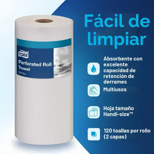 Vista 3 de Tork HB9201 Rollo de toallas perforadas de tamaño conveniente blanco, certificado compostable, 30 x 120 toallas