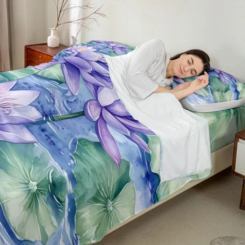 Vista 2 de Manfei Juego de sábanas de flor de loto morado, tamaño individual, juego de ropa de cama bohemio con libélula para niños, niñas y adultos, juego