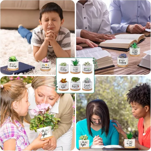Vista 6 de 6 piezas de juego de regalos con versículos de la Biblia cristiana, gracioso juego de macetas para plantas suculentas con bandeja de bambú, maceta