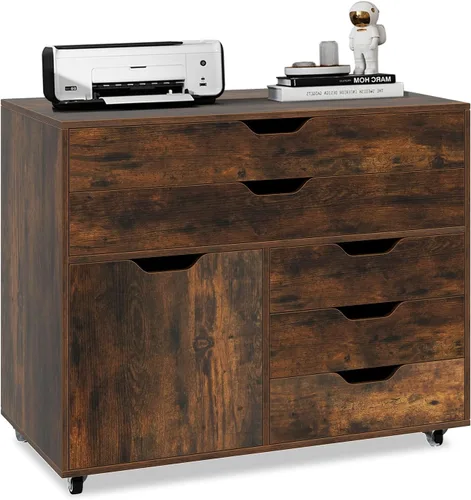 Vista 13 de Archivador negro con 4 cajones y 2 puertas Organizador de almacenamiento móvil para debajo del escritorio, soporte de impresora de madera sobre