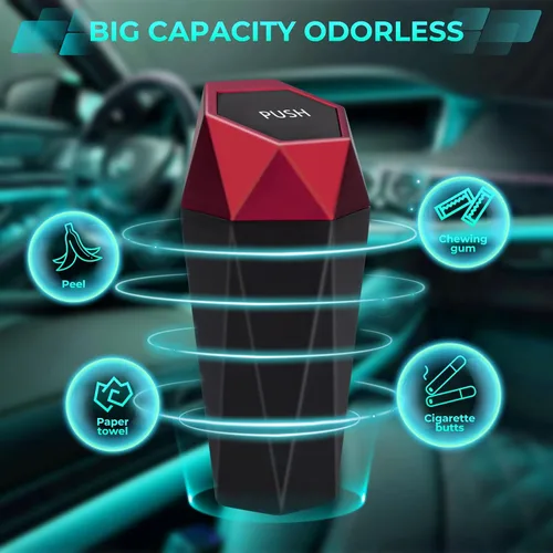 Vista 4 de Cubo de basura para automóvil con tapa, diseño de diamante, contenedor de basura portátil para uso en oficina y hogar, color rojo