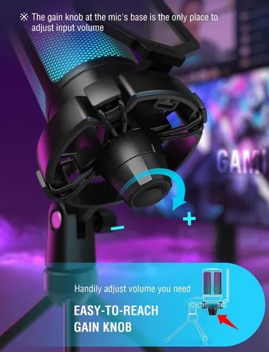 Vista 5 de FIFINE AmpliGame A6V Micrófono USB para juegos, micrófono condensador RGB para transmisión Quick Mute, RGB, Gain Control, Tripod Stand, Pop