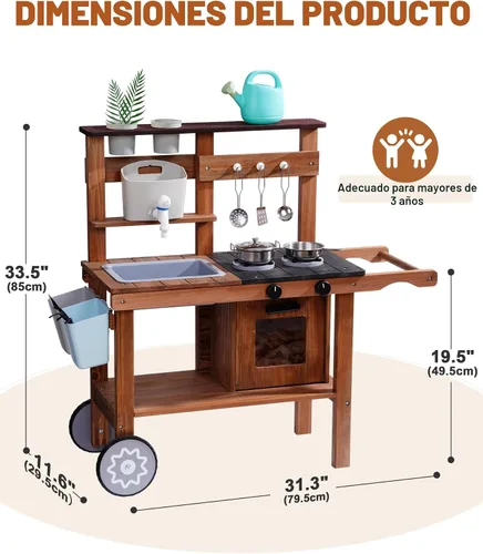 Vista 2 de ROBUD Cocina de barro para niños al aire libre con ruedas, cocina de madera al aire libre, cocina de barro para niños con fregadero y grifo