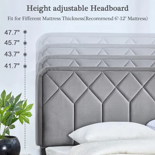 Vista 6 de VECELO Base de cama tamaño Queen con plataforma tapizada de cuero de alta calidad con cabecera ajustable en altura / base de colchón, soporte