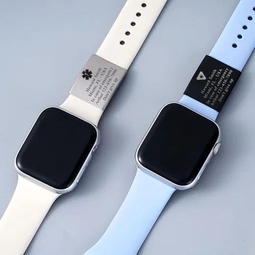 Vista 2 de Etiqueta de alerta médica personalizada para correa de reloj, etiqueta de identificación médica grabada personalizada para Apple Watch Band Fitness