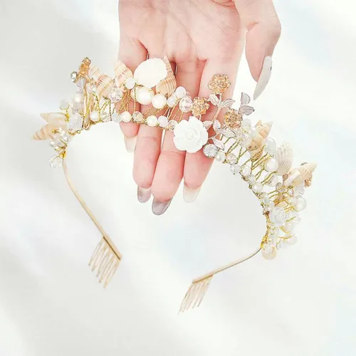 Vista 8 de Campsis Corona dorada para niñas, corona de concha, pieza de pelo de princesa, cumpleaños, cosplay, accesorios para el cabello para mujeres y niñas