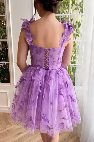 Vista 3 de Vestidos de fiesta cortos con apliques de encaje y mariposas 3D para adolescentes, de tul con tirantes delgados, vestidos de fiesta cortos