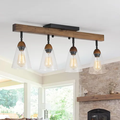 Vista 10 de Lámpara de techo rústica de cristal empotrado, mini pantalla de vidrio transparente y madera de roble, lámpara de techo semiempotrada para cocina