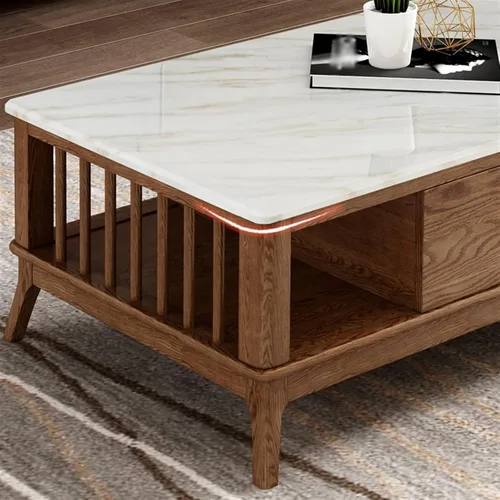 Vista 4 de Mesa de té para sala de estar, moderna mesa de centro de madera con cajones y estantes de almacenamiento, decoración rectangular elegante de 2