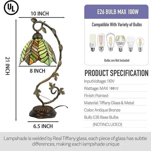 Vista 2 de Tiffany Table Lamp, Stained Glass Desk Light, 8X10X21 Inches, Metal Leaf Base (Brown Green Leaf)