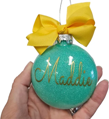 Vista 2 de Adorno de Navidad personalizado relleno de purpurina hecho a medida, regalo ideal para fiesta de intercambio de regalos de oficina (Aqua)