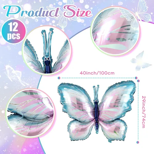 Vista 2 de Poen 12 globos de mariposa moradas de 40 pulgadas a granel, globos de mariposa de hadas para decoraciones temáticas de mariposas, bodas, cumpleaños
