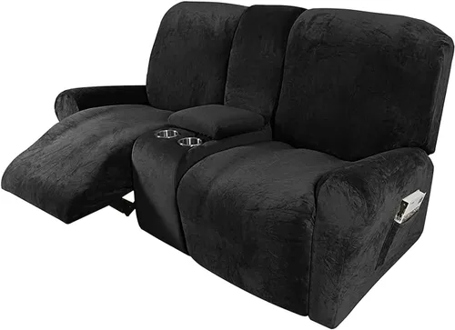 Vista 7 de Aedlcal Funda reclinable para sofá biplaza, funda de sofá reclinable elástica de terciopelo de 8 piezas con consola central, funda de sofá Negro