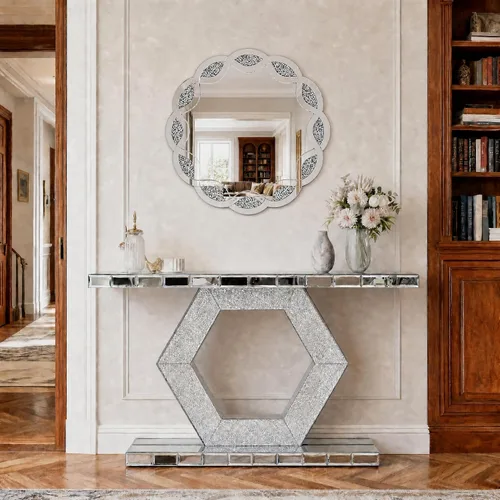 Vista 16 de Mesa consola con espejo de 55 pulgadas, mesa larga para sofá de sala de estar, oficina, detalles de cristal de diseño hexagonal, moderno escritorio