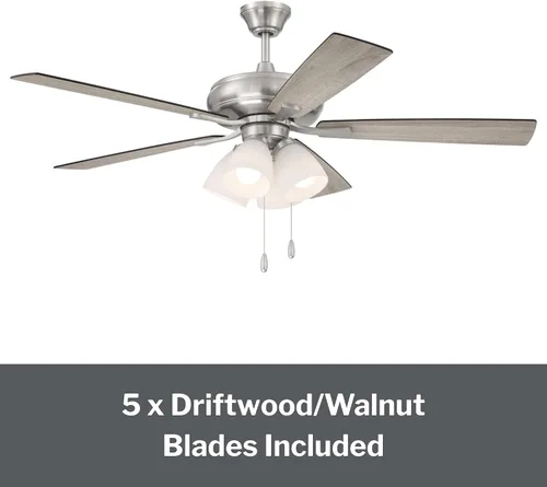Vista 6 de Craftmade ECF114BNK5-DWWLN Eos - Ventilador de techo (52 pulgadas), níquel Cuchillas de níquel pulido cepillado/madera flotante
