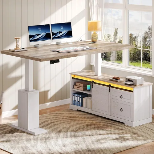 Vista 4 de YITAHOME - Escritorio de pie en forma de L con tomas de corriente y luces LED, 63" Escritorio eléctrico de granja ajustable en altura, estación