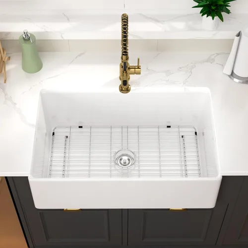 Vista 2 de Fregadero de 33 unidades de arcilla refractaria de 33 x 20 x 10 pulgadas, color blanco, fregadero de cocina de porcelana de cerámica, estilo casa