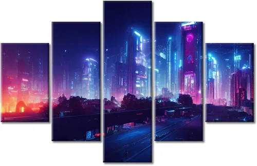 Vista 246 de Cuadros de 5 paneles de Cyberpunk City, arte de pared, representación de vallas publicitarias, edificios modernos en la capital con obras de arte