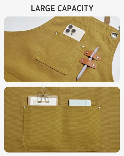 Vista 4 de Syntus Delantal de chef para hombres y mujeres, delantal de cocina con bolsillos, delantales ajustables resistentes a las manchas, 1 paquete, marrón