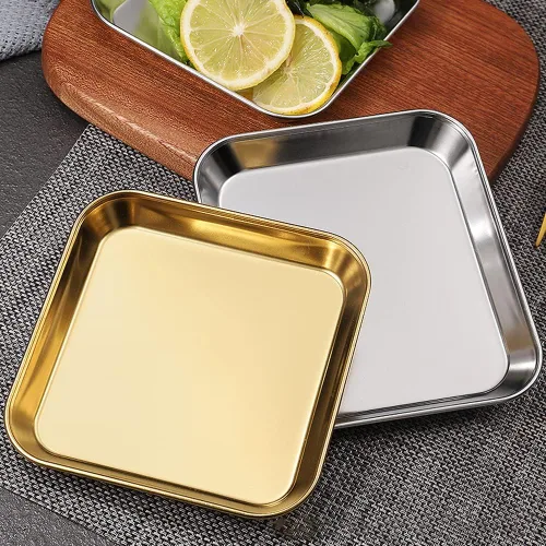 Vista 2 de 2 Pack Stainless Steel Dinner Plates, Thickened Metal Dish Plate for Food, Small Square Serving Tray for Appetizer Cookie Steak Dessert Salad Dental