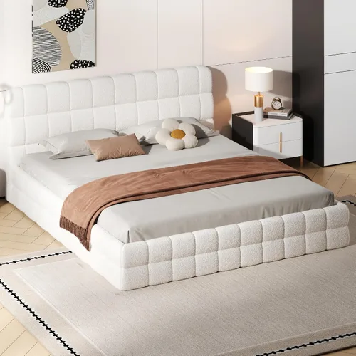 Vista 10 de KLMM Unique King Size Upholstered Platform Bed with Thick Fabric, Grounded Bed with Solid Frame,for Kids Teens Adults Bedroom Use (Black-TF, King)
