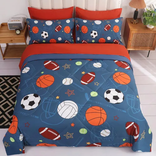 Vista 2 de Juego de ropa de cama de baloncesto 3D tamaño matrimonial, juego de edredón de fútbol para niños y niños, juego de edredón de fútbol de 7 piezas