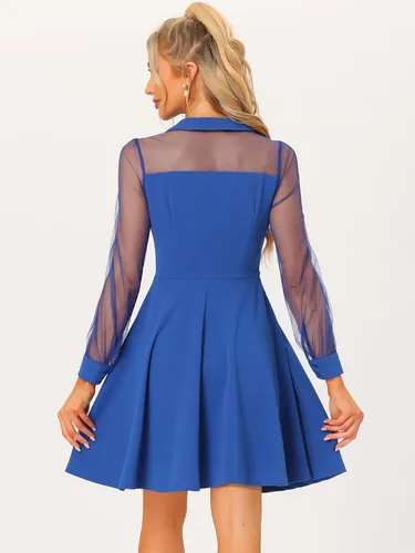 Vista 3 de Allegra K Vestido de fiesta de cóctel para mujer, con panel de malla transparente, manga larga, minivestido acampanado
