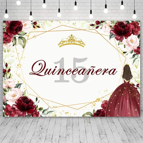 Vista 2 de Telón de fondo de feliz cumpleaños número 15 de 7 x 5 pies para niña, quinceañera, fondo de flores rojas burdeos, corona dorada, decoración