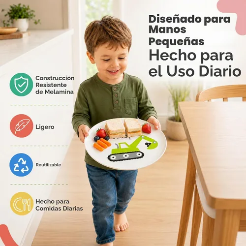 Vista 6 de Tiny Expressions - Placas de construcción para niños pequeños - Juego de 4 platos de melamina para niños - Excavadora, mezcladora de cemento