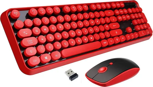 Vista 9 de Combo de teclado y mouse inalámbricos, teclado redondo estilo máquina de escribir retro, teclado inalámbrico de tamaño completo de 2.4 GHz