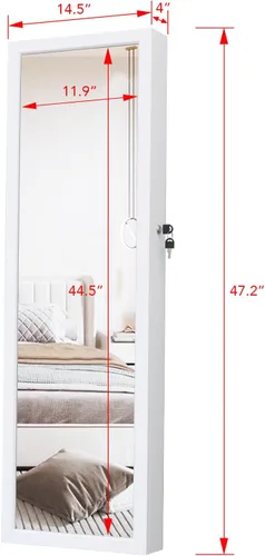 Vista 5 de MASMIRE Armario de joyería con espejo montado en la paredespejo sobre la puerta con almacenamiento, espejo de joyería de 47.3 pulgadas de alto