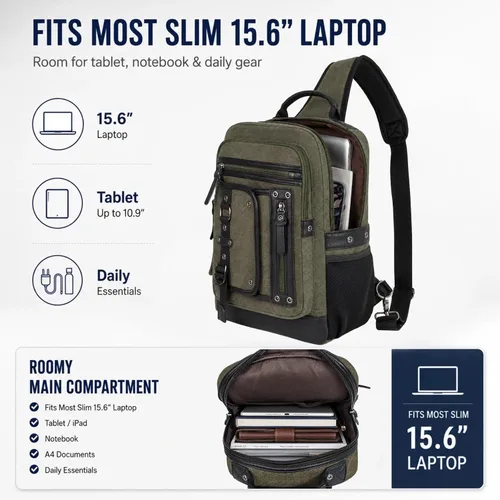 Vista 4 de Bolsa de mensajero para hombre, bolsa cruzada de lona, mochila cruzada, bolsa de hombro para laptop, senderismo, mochilas casuales tácticas
