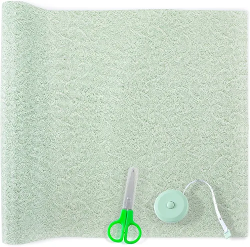 Vista 19 de Revestimiento de estante de 12 x 120 pulgadas con tijeras y cinta métrica para armarios de cocina, forro de cajón de PVC para tocador de baño, Negro