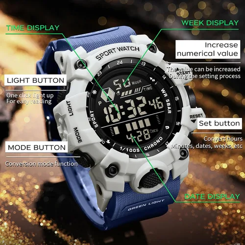 Vista 5 de Reloj militar digital para hombre, reloj de pulsera táctico, cronómetro y alarma facial grande, resistente al agua para exteriores para hombres