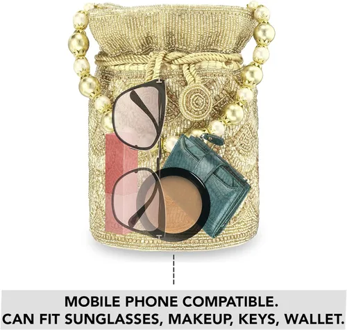 Vista 2 de Aheli Gold Potli - Bolsas de noche para mujer, bolso de mano étnico con cordón (P70G), Oro