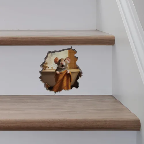 Vista 5 de Calcomanía de Pared de Ratón Saliendo de Agujero para Baño - Pegatina de Pared con Efecto 3D - Idea de Regalo Divertida