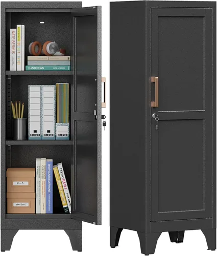 Vista 17 de Mesita de noche tipo casillero de metal negro de 23.6 pulgadas de alto con 1 puerta con cerradura y 1 estante ajustable, armario de almacenamiento