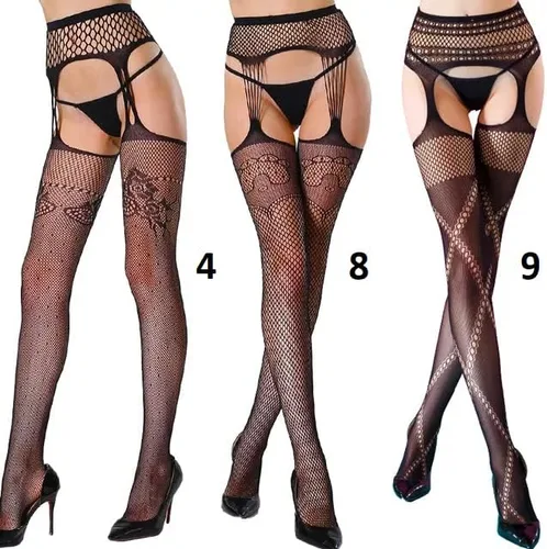 Vista 5 de Medias de red para mujer, medias altas hasta el muslo, pantimedias con liguero para mujeres y niñas, color negro, Negro
