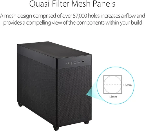 Vista 4 de Cajas de PC ASUS Prime AP201 de 33 litros Micro ATX color negro con paneles laterales sin herramientas y malla de filtro cuasi, con soporte