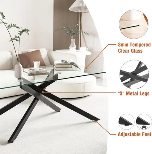 Vista 4 de Henf Mesa de centro rectangular moderna de vidrio transparente de 47 pulgadas, mesa de centro rectangular de vidrio templado para sala de estar