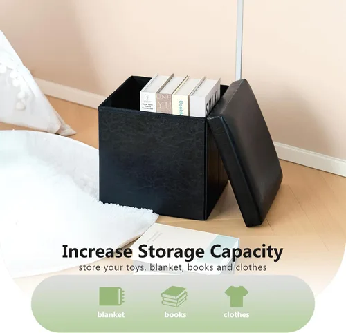 Vista 4 de B FSOBEIIALEO Cubo otomano plegable de almacenamiento con piel sintética para sala de estar, dormitorio, oficina en casa, reposapiés de Negro