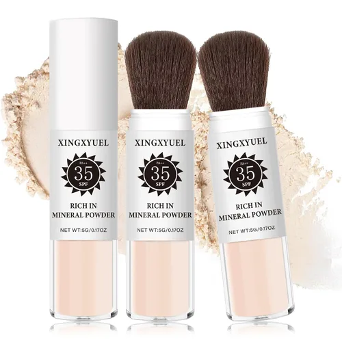 Vista 12 de Polvo de ajuste de protector solar mineral para cara y cuero cabelludo, SPF 35 polvo mineral cepillo protector solar control de aceite acabado mate