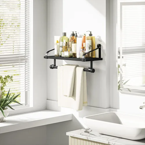 Vista 5 de Love-KANKEI Estantería flotante de pared de madera rústica para almacenamiento, estante de especias de cocina con barra para toallas y 8 ganchos