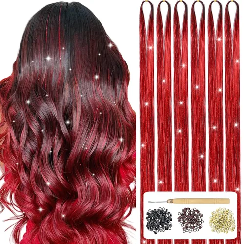 Vista 10 de Kit de Oropel para Cabello con Herramientas Extensiones de Cabello de Oropel Negro 6 Piezas 1200 Hebras Kit de Oropel para Cabello de Hadas