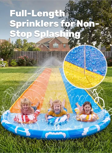Vista 4 de Sloosh Tobogán acuático triple para césped de 22.5 x 82 pulgadas, agua de césped resistente con 3 tablas de cuerpo y rociador deslizante para niños