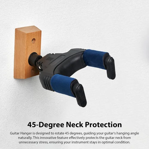 Vista 3 de Soporte de pared para gancho de guitarra, bloqueo automático, gancho de gravedad giratorio 45 grados con tela de felpa suave y base de madera