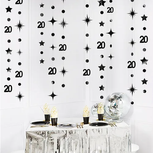 Vista 5 de Decoraciones negras de 20 cumpleaños número 20 círculo estrella metálica colgante serpentina telón de fondo para mujeres y hombres saludos a 20 años